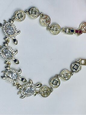 Gold Turtle Link Bracelet with Clear Crystals - Women Jewelry